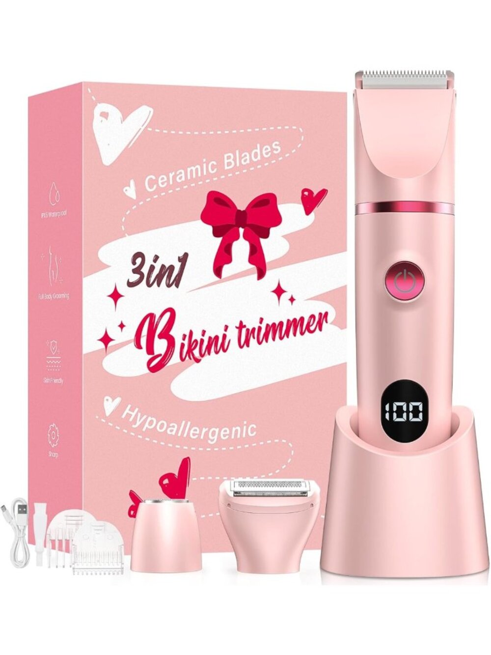 3-in-1 Waterproof Bikini Trimmer & Electric Razor for Women, LED Display